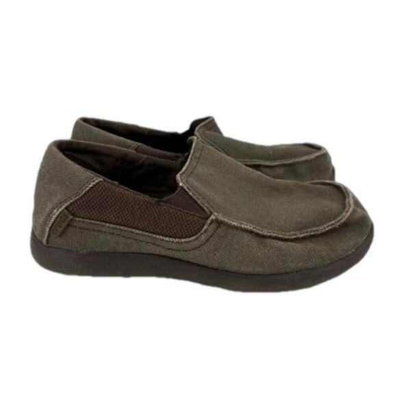 Crocs Santa Cruz Slip On Loafer Sandals Brown Canvas Unisex Kids Junior Size 2 - Picture 1 of 8